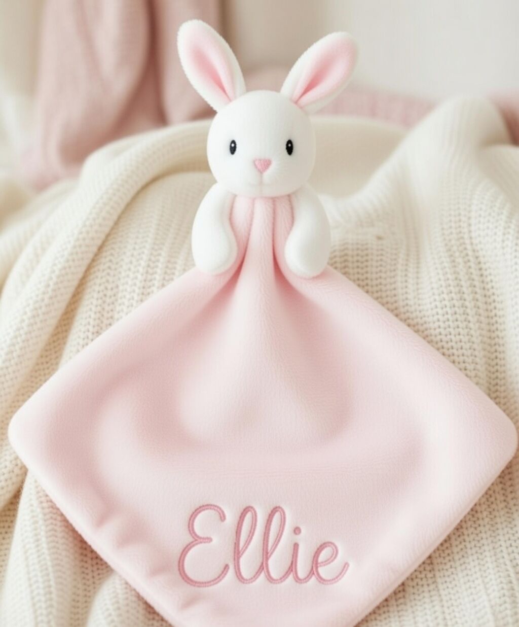 Custom Baby Plush Comforter Blanket with Rattle – Soft Blue Bear or Pink Rabbit Security Blanket Toy for Newborns & Toddlers | Double-Layer Comforter