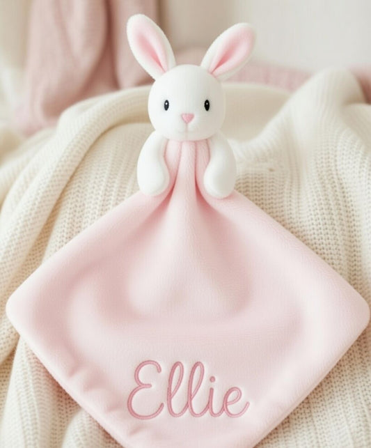 Custom Baby Plush Comforter Blanket with Rattle – Soft Blue Bear or Pink Rabbit Security Blanket Toy for Newborns & Toddlers | Double-Layer Comforter