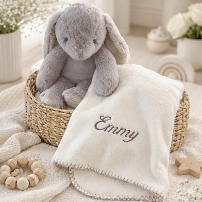 Personalised Baby Blanket with Embroidered Name and Plush Bunny, Custom Newborn Gift, Soft Nursery Decor, Baby Shower Keepsake